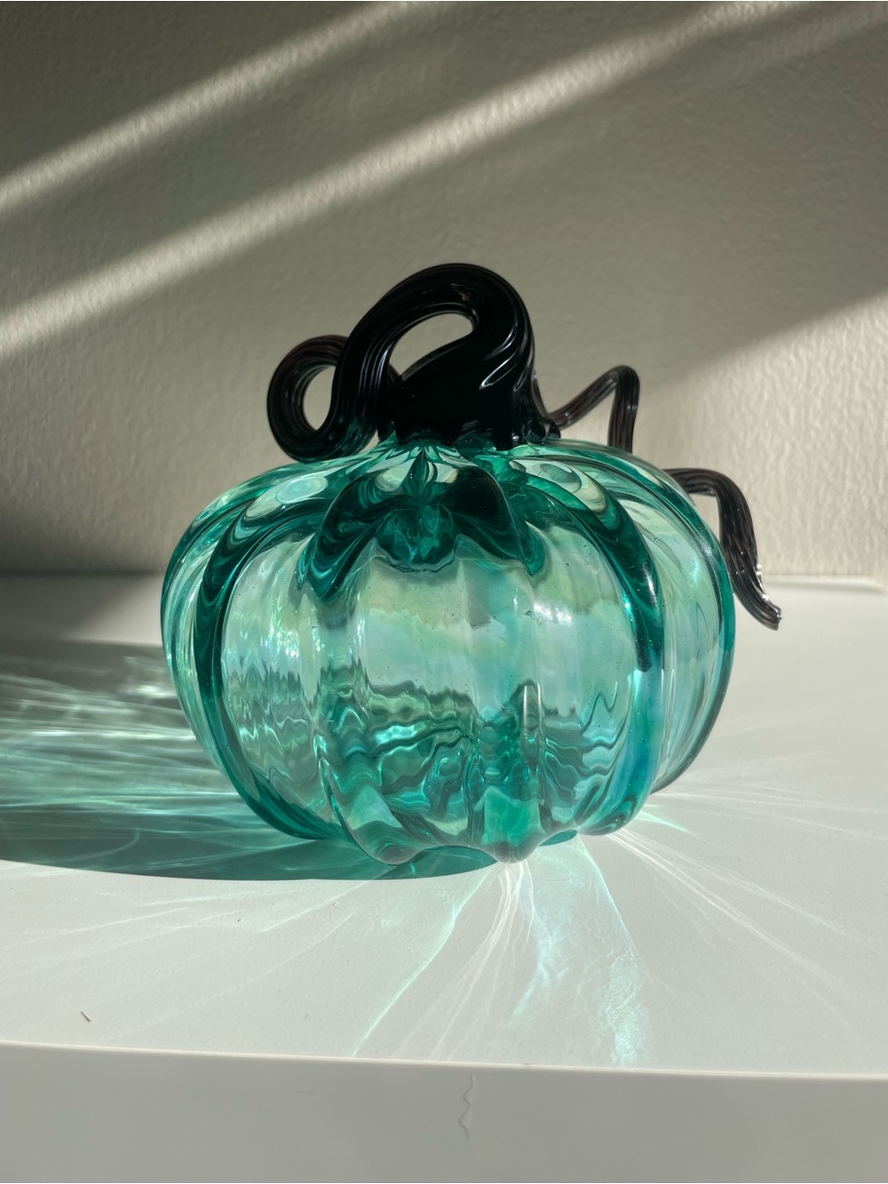 Teal Glass Pumpkin Sculpture with Dark Stem - Picture 12 of 12